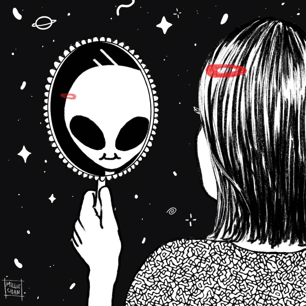A digital illustration of a girl holding a mirror with her reflection showing an alien face.