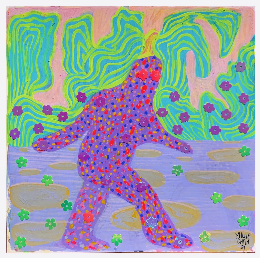 A painting of a sasquatch or big foot made of multicolored blobs and dots.