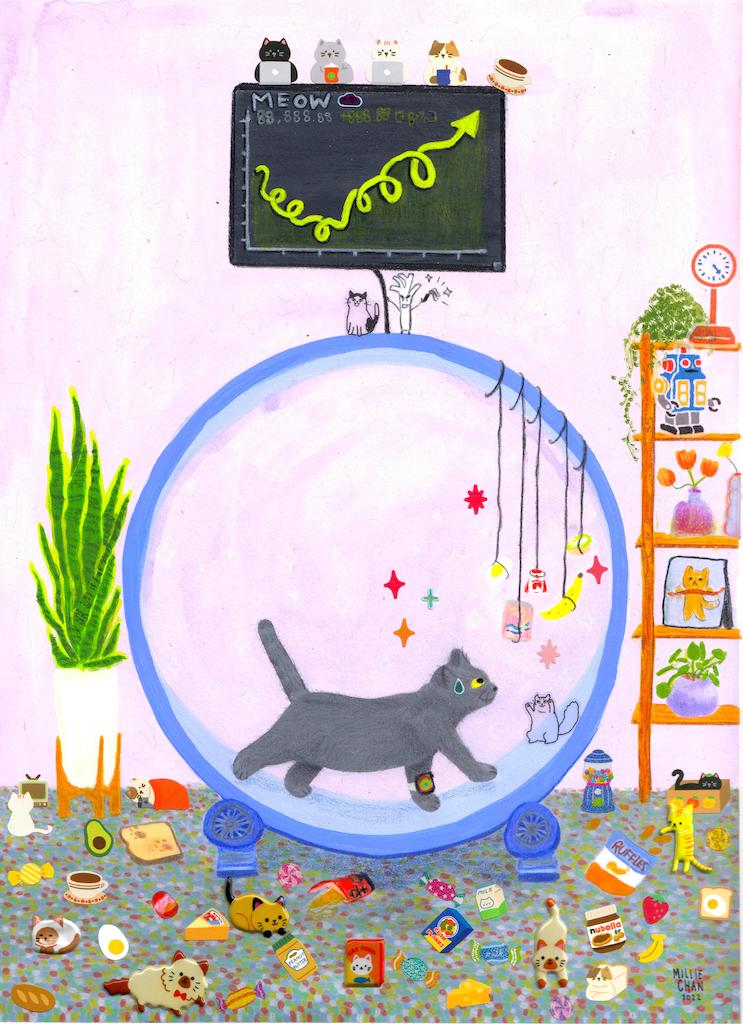 A mixed media painting of a cat running on a catwheel surrounded by snacks as motivation.