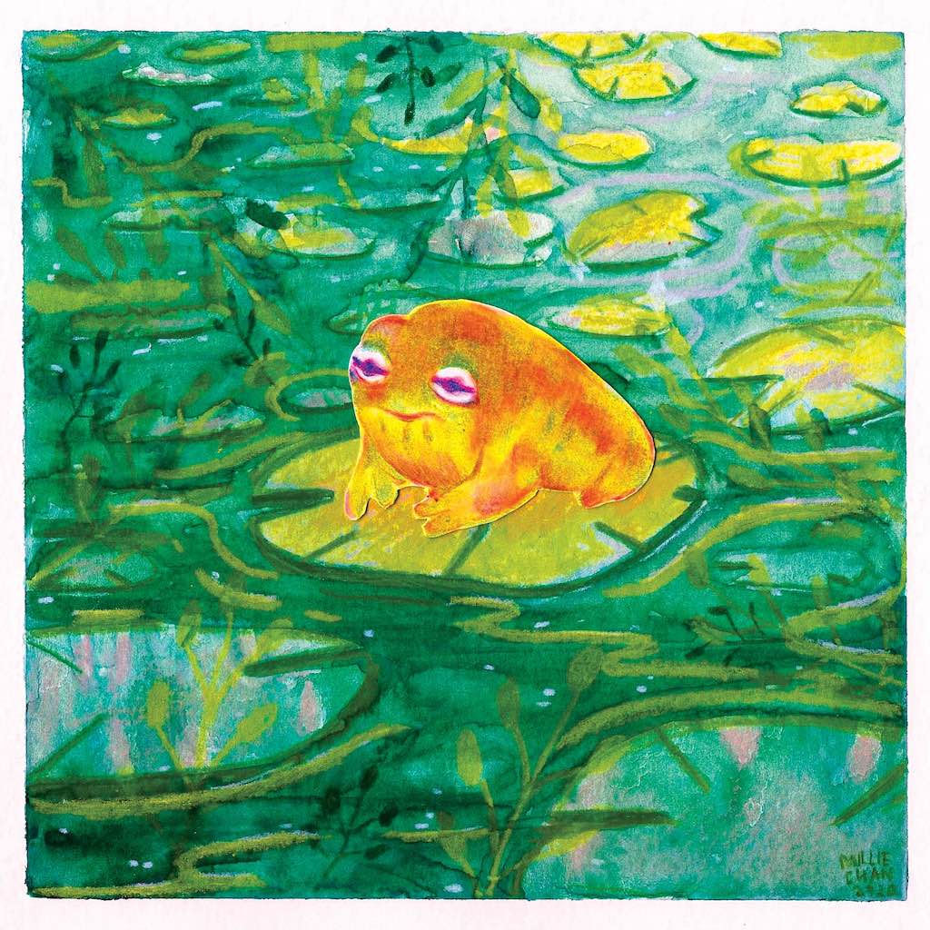 A watercolor painting of a contemplative rain frog.