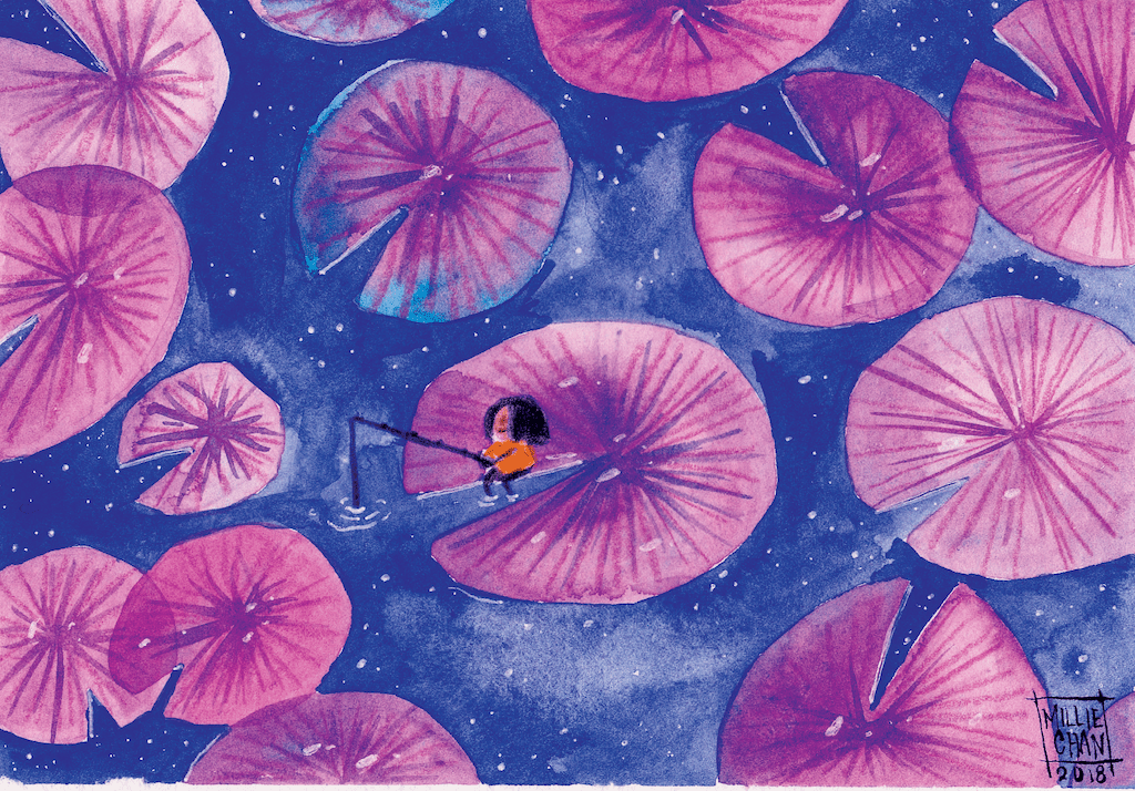 A watercolor painting of a little girl fishing on giant lily pads