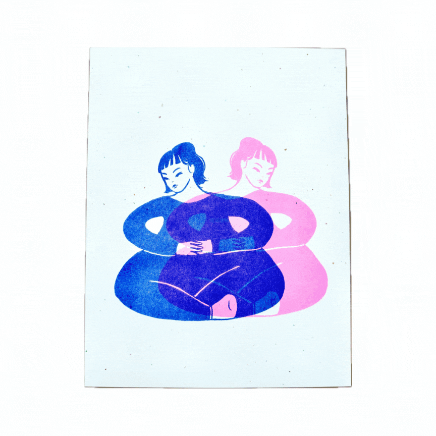 Risograph of a person holding themselves