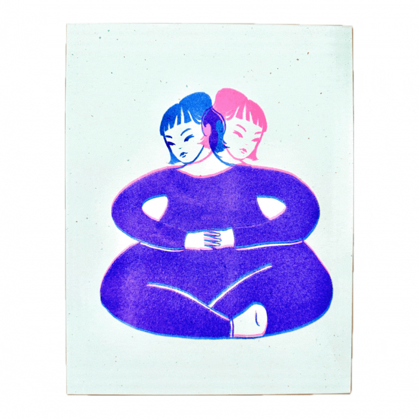 Risograph of a person holding themselves