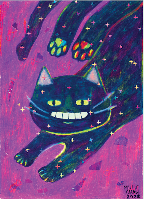An illustration of a cat smiling with iridescent embellishments.