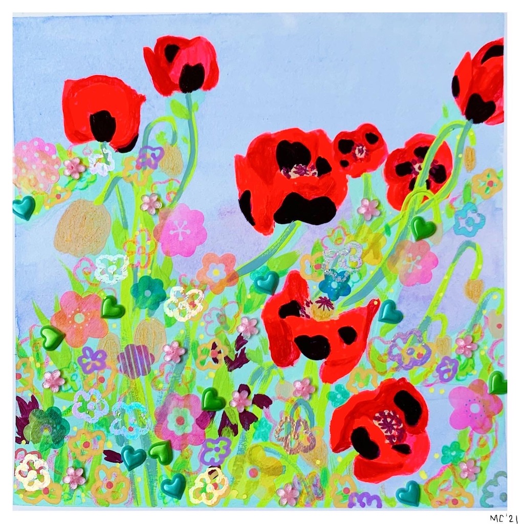 A mixed media piece of poppy flowers.