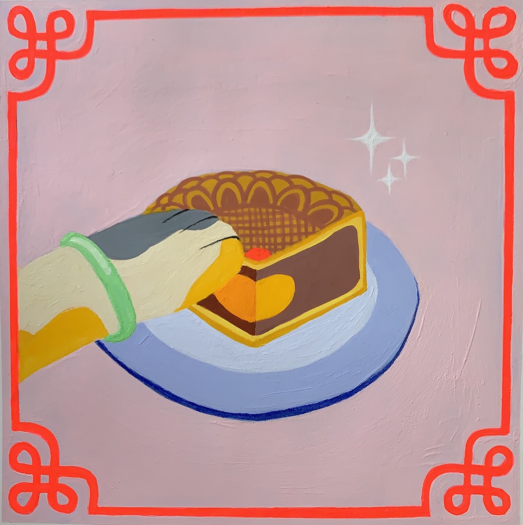 A gouache painting of a cat reaching its paw for the last slice of mooncake.