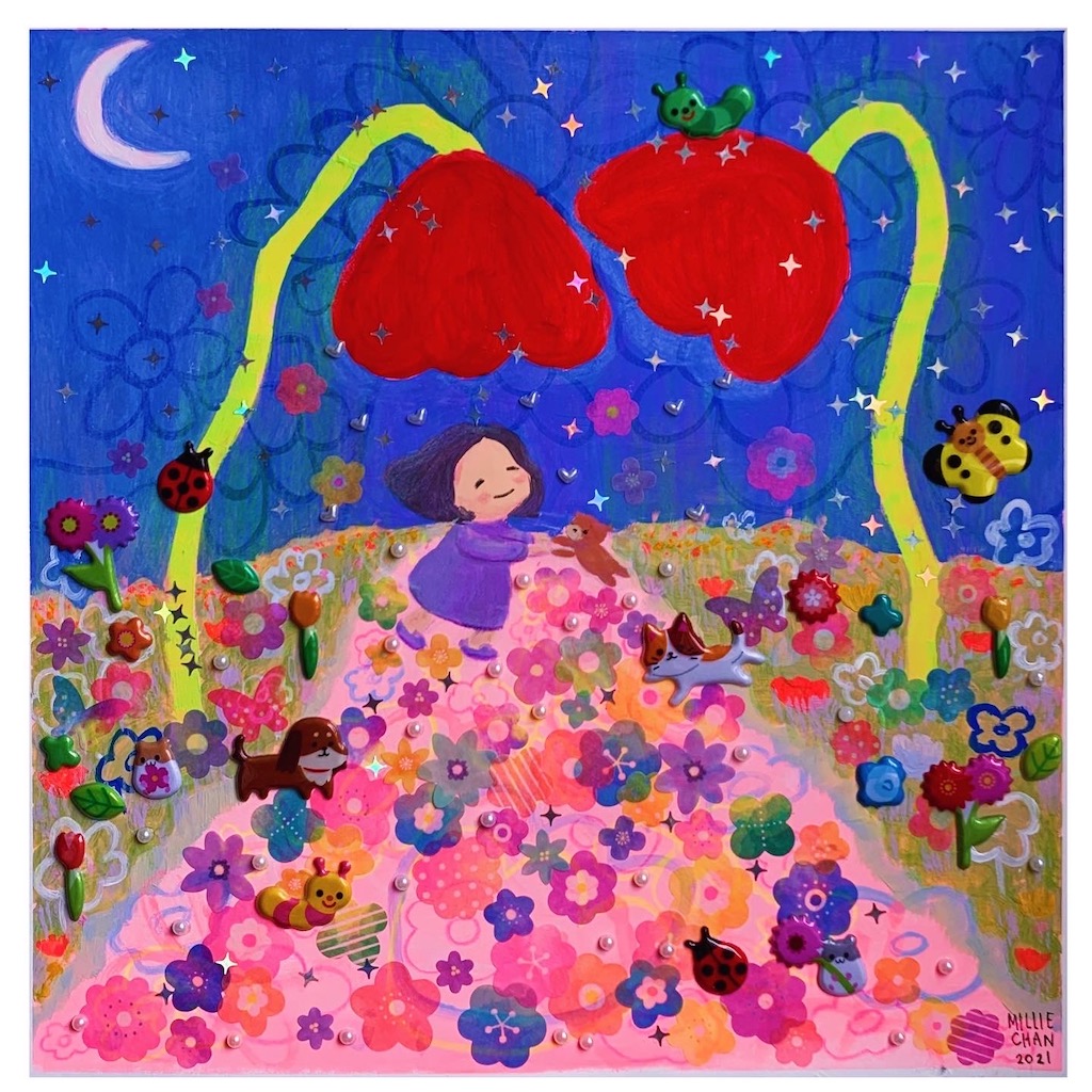 A mixed media artwork of a girl and her teddy bear twirling in a circle in a full garden of flowers.